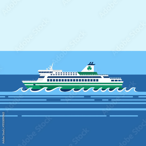 Modern Passenger Ferry Navigating Calm Ocean Waves Under Bright Sky