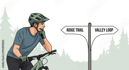 Mountain Biker Contemplating Trail Choices At Crossroads Sign