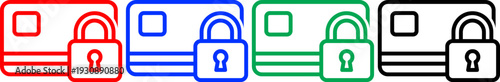 Credit card icon set with padlock, plastic card for online payment and bank security