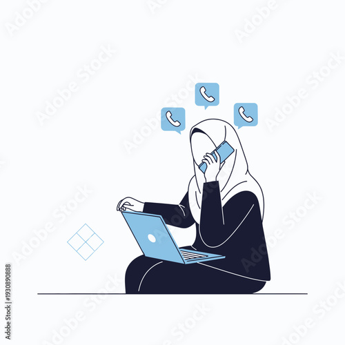 Modern Muslim Woman Engaged in Simultaneous Communication and Digital Workspace Activities