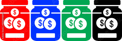 Money jar icon set with dollar coins, savings and financial investment concept