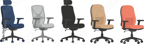 Ergonomic office chairs collection isolated on white background, modern adjustable swivel seating for workspace comfort and productivity