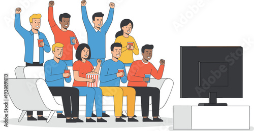 Excited friends watching sports game together at home cheering on couch with snacks and drinks during live match broadcast weekend party