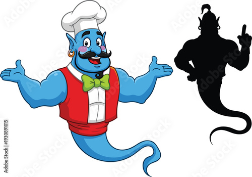 Blue Genie Chef Character Mascot Wearing White Toque Hat and Red Vest with Green Bowtie and Matching Black Silhouette for Restaurant Branding and Cooking App Graphic Design