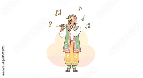 Musician Playing Traditional Flute Amidst Musical Notes