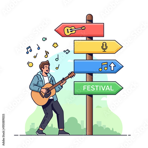 Musician Playing Guitar At Music Festival Signpost Directional Choices