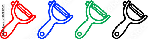 Red blue green black outline vegetable peelers kitchen utensil tool set for healthy food preparation