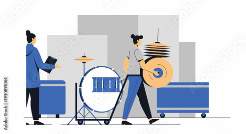 Musicians Preparing Instruments, Minimalist Style, Ready For Rehearsal Or Performance