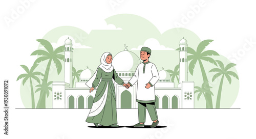 Muslim Couple Holding Hands Walking Together Near a Mosque Celebrating Unity