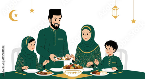 Muslim Family Celebrating Ramadan Feast Joyful Gathering and Delicious Food