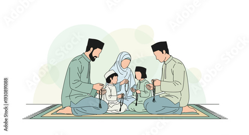 Muslim Family Engaged In Prayer Together On Prayer Mat