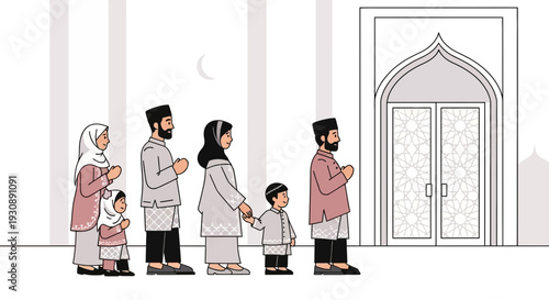 Muslim Family Gathering Outside Mosque For Prayer During Ramadan Celebration