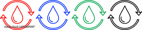Red blue green black water drop cycle symbol droplet recycling conservation concept renewable resources