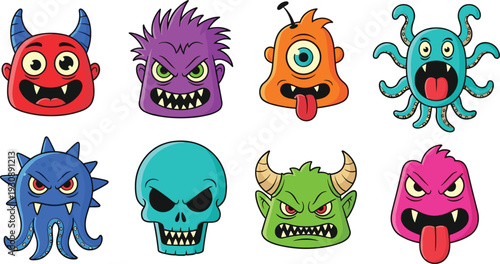 Colorful Monster and Alien Face Icon Set with Horned Creatures Cyclops Skulls and Tentacled Space Monsters for Gaming Mascots and Children's Graphic Design