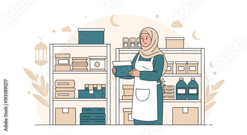 Muslim Woman Entrepreneur Organizing Stock in Store