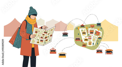 Navigating A Bustling Marketplace With A Detailed Map And Nearby Stalls