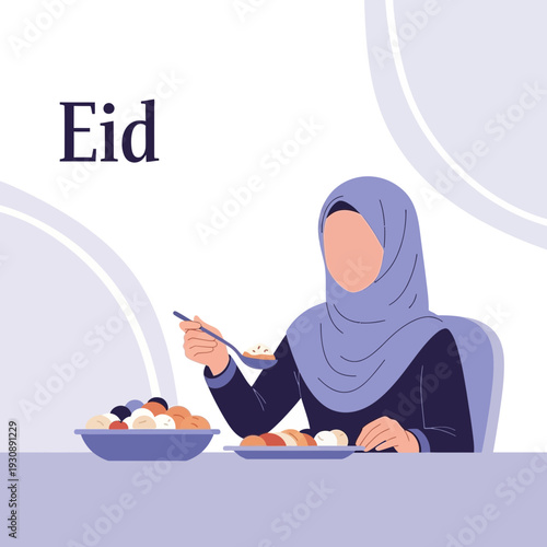 Muslim Woman Enjoying Traditional Eid Feast With Delightful Dishes