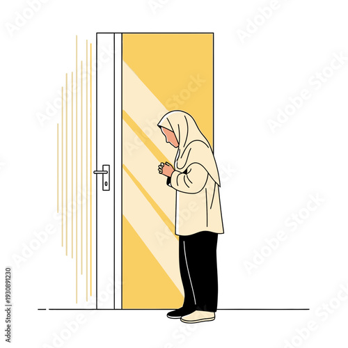 Muslim Woman in Prayer Meditating Peacefully Near a Golden Doorway with Divine Light