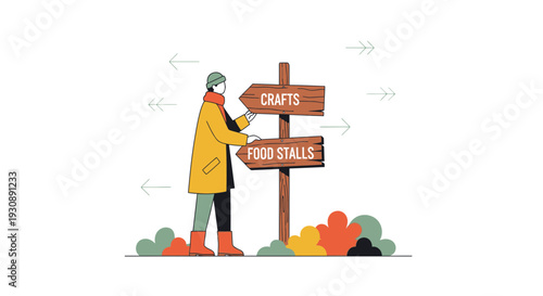 Navigating Choices Person Faces Directional Sign For Crafts Or Food Stalls
