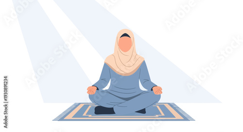 Muslim Woman in Prayer Meditating Peacefully on Prayer Rug Under Rays of Light