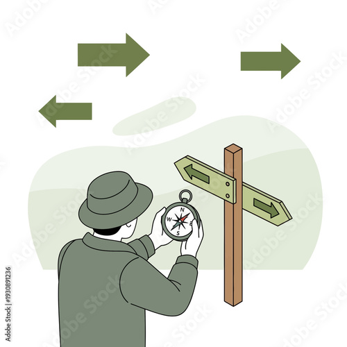 Navigating Choices Person Holding Compass Before Directional Signpost Illustration