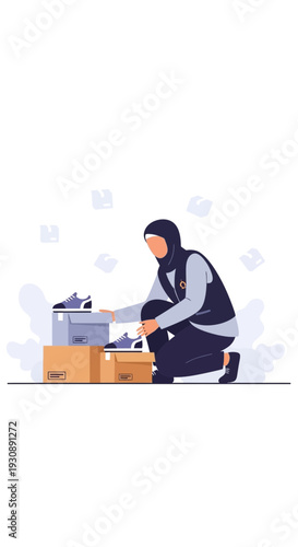 Muslim Woman Packing Shoes For Delivery Service E-commerce Fulfillment