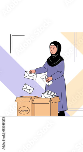 Muslim Woman Organizing Charitable Donations in Boxes with Empathy and Compassion for Needs