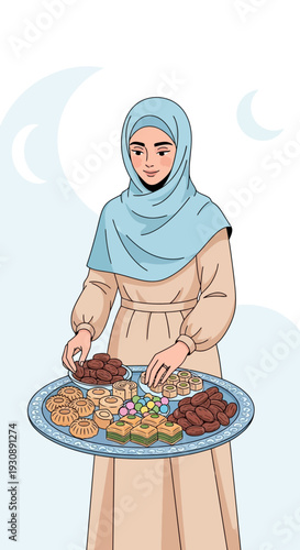 Muslim Woman Offers Traditional Ramadan Sweets And Dates For Iftar Celebration