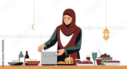 Muslim Woman Preparing Festive Iftar Meal Spreading Hospitality and Tradition