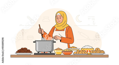 Muslim Woman Preparing Food In The Kitchen Using Fresh Ingredients With a Smile