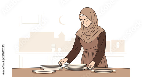 Muslim Woman Preparing Dishes For A Meal Or Gathering Scene