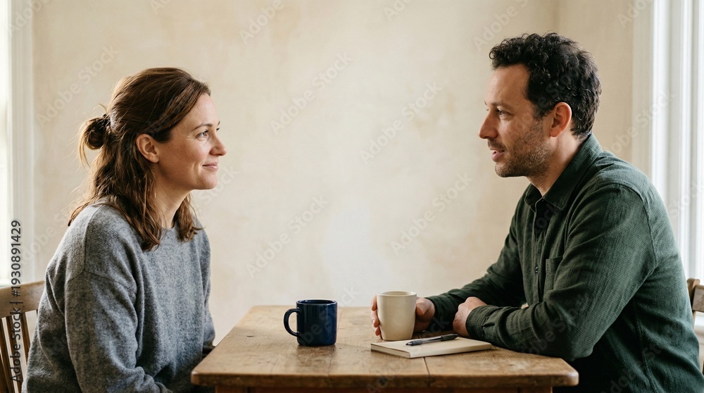 Fototapeta premium Couple having honest conversation over coffee at home