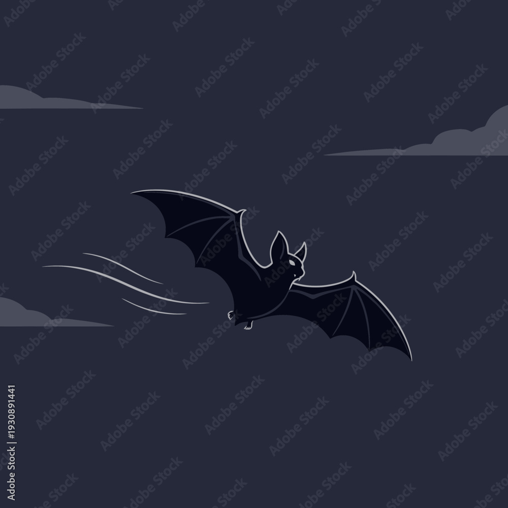 Fototapeta premium Nocturnal Bat Silhouette Soaring Through Murky Dark Skies Against Gray Cloudscape