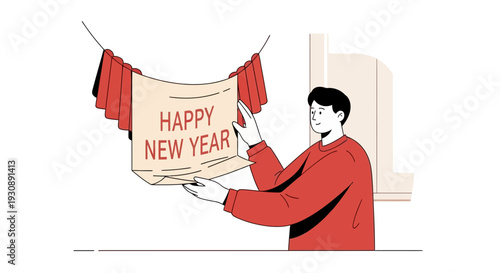 New Year Celebration: A Person Displays a Banner with Festive Cheer and Good Wishes