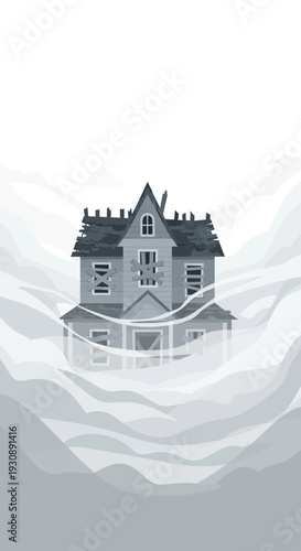 Mysterious Grey Home Amidst Swirling Mists: An Enigmatic Architectural Illustration