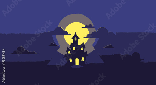 Mysterious Nighttime Silhouette Of Haunted House Beneath Full Glowing Moon