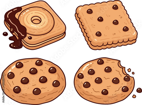 Chocolate Chip Cookie and Biscuit Illustration Icon Set with Sweet Baked Snack Desserts for Bakery, Cafe, and Food Packaging Designs