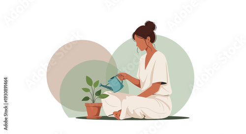 Nurturing Greenery A Woman Tends To Her Potted Plant With Care