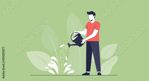 Nurturing Growth: A Person Watering Plants in a Minimalist Vector Illustration