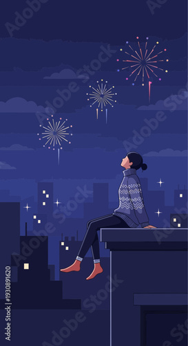 Observing Skyward Bursting Lights: A Rooftop Silhouette's Nighttime Reverie
