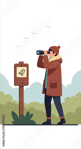 Observing Nature A Person Watches Birds With Binoculars Near A Trail Sign