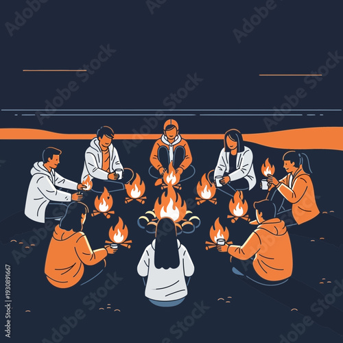Outdoor Gathering Around Campfires During Evening Relaxation