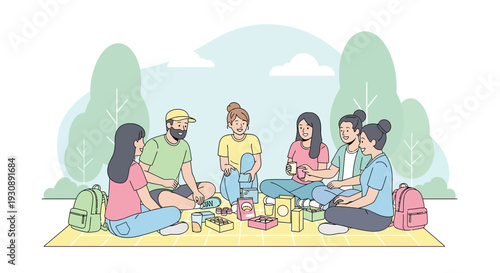 Outdoor Friends Enjoying Picnic Together Amidst Nature
