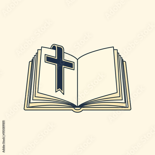 Open Book With A Bookmark Cross Symbol On Beige Background Simple Religious Vector