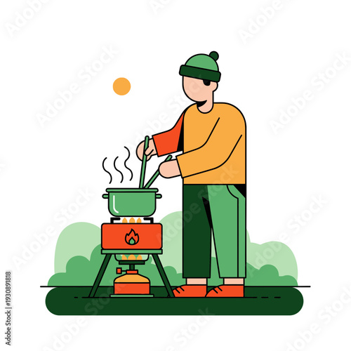 Outdoorsman Cooking Delicious Meal On Camping Stove Enjoying Nature Scenic View