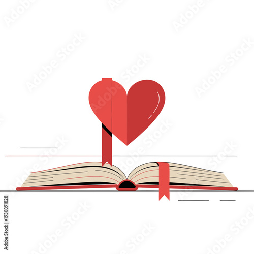 Open Book with Red Heart and Bookmark: Symbolizing Love for Reading, Romance and Education