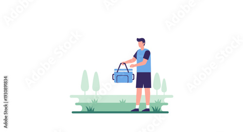 Outdoorsman Carrying Picnic Cooler Bag Minimalist Vector Graphic