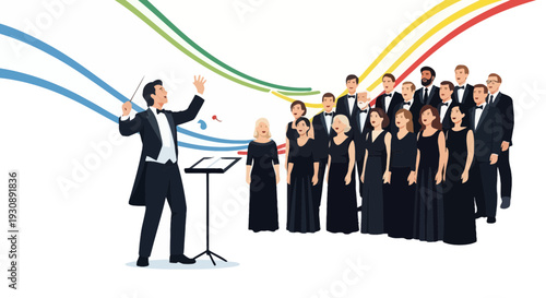 Orchestra Conductor Leading Diverse Chorus With Colorful Music Notes Floating