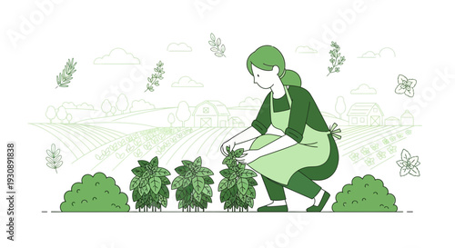 Organic Farming Farmer Tending Plants In A Lush Garden Setting