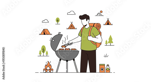 Outdoorsman Grilling Sausages At Campsite Surrounded By Tents And Trees